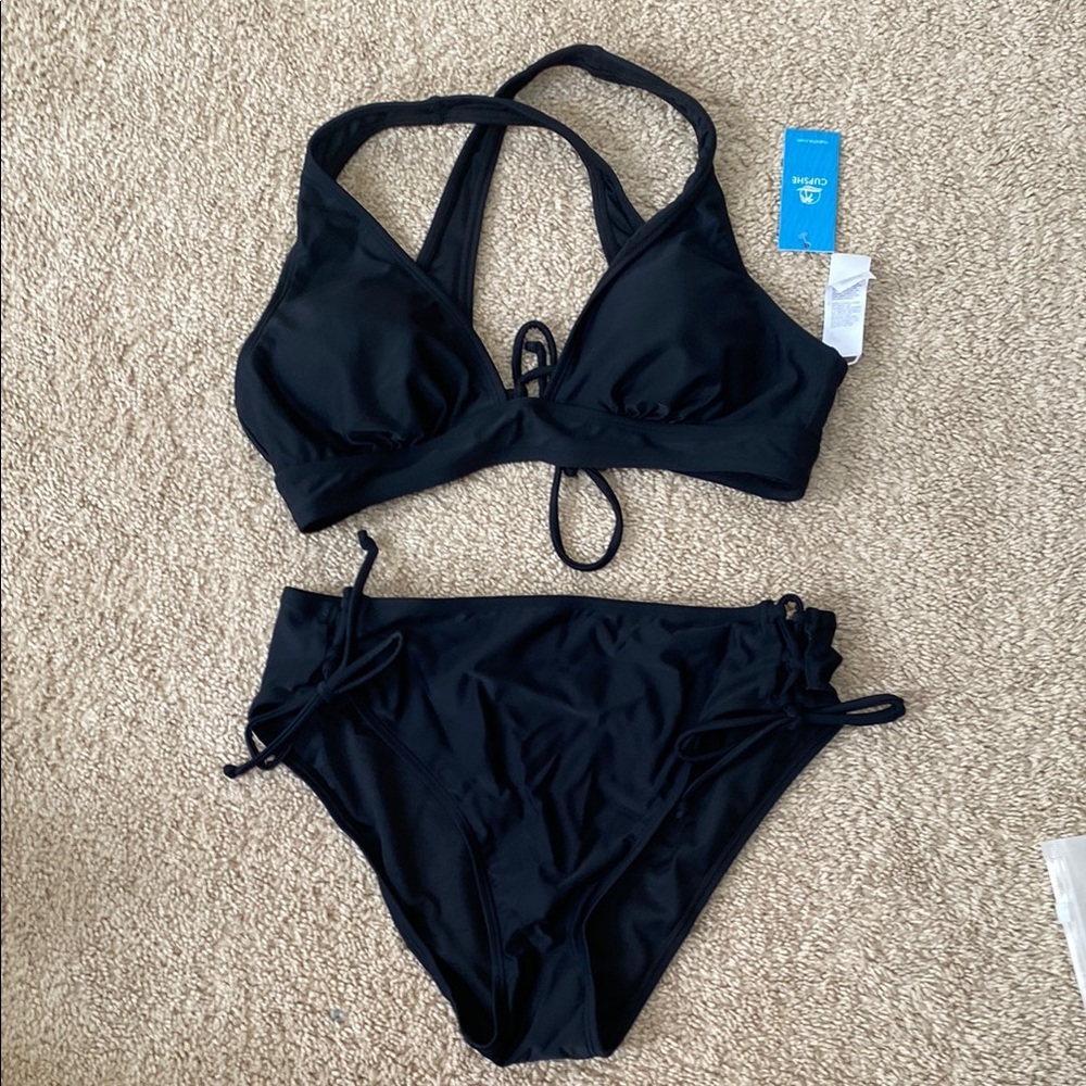 Cupshe Black Bikini Set with Racerback and Side Ties